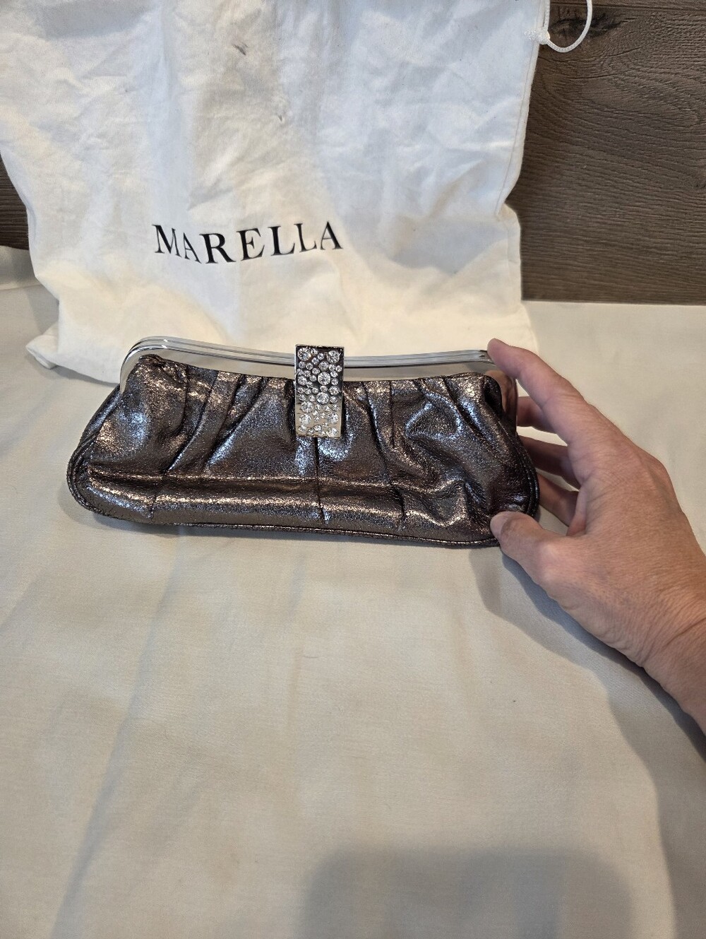 MARELLA Metallic Silver Evening Clutch with Crystal Buckle - Picture 3 of 11